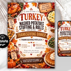 Pode incluir: Um folheto de jantar comunitário de Ação de Graças com peru assado, puré de batata, recheio, pãezinhos, vagem e tarte de abóbora. O texto diz: Join us for a Turkey, Mashed Potatoes, Stuffing & Rolls and all the Thanksgiving Dinner, 13x18 cm.