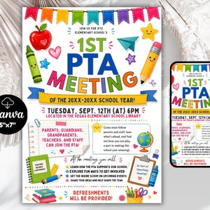 Könnte beinhalten: Ein 5x7 Zoll großer Flyer für das erste Elternbeiratstreffen des Schuljahres 20XX-20XX mit bunten Schulsachen wie einem Apfel, Buntstift, Bleistift und Globus. Der Text enthält Veranstaltungsdetails, Datum, Uhrzeit und Ort sowie ein Handy.