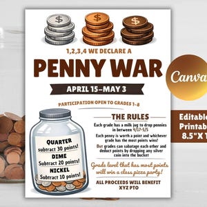 Penny War Flyer Editable Template, Coin Drive Fundraiser, Canva Printable