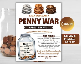 Penny War Flyer Editable Template, Coin Drive Fundraiser, Canva Printable