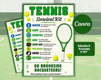 Tennis Survival Kit Gift Tags Editable Template, Tennis Player Team Gift Idea, Kids School Sports Snack Treat Tags Team Appreciation