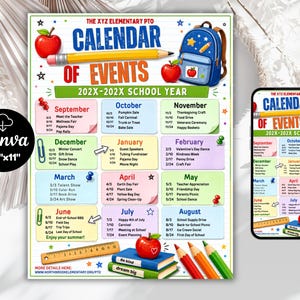 May include: A printable 8.5 inch by 11 inch school calendar of events for the 202X-202X school year. The document features colorful monthly sections, illustrations of apples, a pencil, a backpack, and books, with text detailing various school activities.