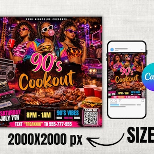 Può includere: Un volantino digitale per un evento 90's Cookout con tre persone in abiti colorati in stile anni '90, un boombox, una cassetta, una griglia con cibo e testo che include 90's Cookout, sabato 7 luglio, 8PM-1AM e un codice QR.