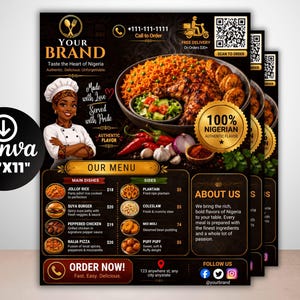 Può includere: Un volantino di menu per ristorante con un'illustrazione di uno chef, una ciotola di riso jollof con pollo e platano, e testo che include 'YOUR BRAND', 'OUR MENU', 'ABOUT US' e 'ORDER NOW!'. Il volantino misura 21,59 cm per 27,94 cm.
