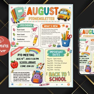 May include: An 8.5 inch by 11 inch August PTO newsletter template featuring colorful school-themed illustrations including a yellow school bus, notebooks, pencils, a red apple, and a purple backpack, with sections for events, dates, and reminders.