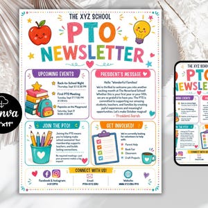 Könnte beinhalten: Eine farbenfrohe 21,6 cm mal 27,9 cm große Schul-PTO-Newsletter-Vorlage mit einem roten Apfel, einer gelben Glühbirne und Abschnitten für Veranstaltungen, eine Präsidentenbotschaft, Freiwilligenarbeit und Kontaktdaten auf einem Smartphone.