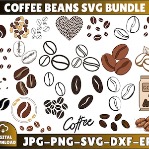 Puede incluir: Un paquete gráfico de descarga digital con varias ilustraciones de granos de café en marrón y negro. Incluye una forma de corazón hecha de granos, una bolsa de café y la palabra "Coffee". Texto: COFFEE BEANS SVG BUNDLE, DIGITAL DOWNLOAD, JPG-PNG-SVG-DXF-EPS.