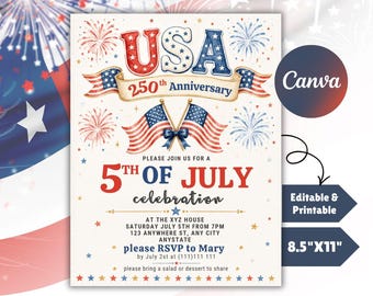 250th America Anniversary Invitation, USA Patriotic 4th of July Party Invite, Independence Day Invitation, Editable Canva Template