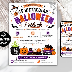 Könnte beinhalten: Ein Halloween-Potluck-Einladungsflyer mit einem Geist, einem Kürbis und einer schwarzen Katze. Der Text lautet: You're invited to our Spooktacular Halloween Potluck, Friday October 24, 2025, 12:00 PM - 2:00 PM, Lincoln Elementary Staff Lounge.