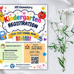 Pre-K Registration Flyer Template, Preschool Enrollment Poster, Daycare Open House Leaflet, Editable School Admission Flyer,Digital Download editable flyer,preschool enroll,pre k enrollment,pre k flyer,prek registration,canva school flyer,early learning,school printable,school template,preschool flyer,registration sign,enrollment poster,daycare flyer Kindergarten Enrollment Flyer: Editable School Template (CANVA Template). Meet the Teacher Kindergarten Enrollment Registration Flyer, Editable