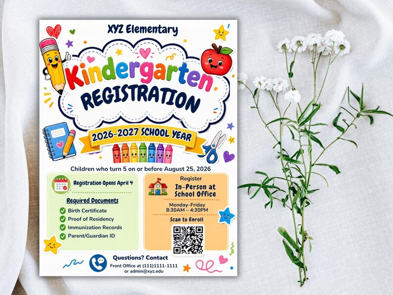 Pre-K Registration Flyer Template, Preschool Enrollment Poster, Daycare Open House Leaflet, Editable School Admission Flyer,Digital Download editable flyer,preschool enroll,pre k enrollment,pre k flyer,prek registration,canva school flyer,early learning,school printable,school template,preschool flyer,registration sign,enrollment poster,daycare flyer Kindergarten Enrollment Flyer: Editable School Template (CANVA Template). Meet the Teacher Kindergarten Enrollment Registration Flyer, Editable