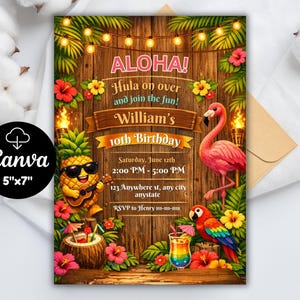 May include: A colorful invitation with a tropical theme. The design features a pineapple playing a ukulele, a flamingo, and a parrot. The text reads "Aloha!" and announces a 10th birthday party. The invitation is 5"x7".