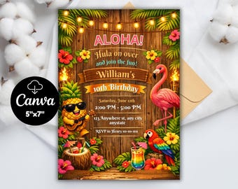 Tropical Birthday Invitation, Hawaiian Pineapple Birthday Invitation, Luau Invitation, Aloha Party Digital Invite, Editable Canva Template