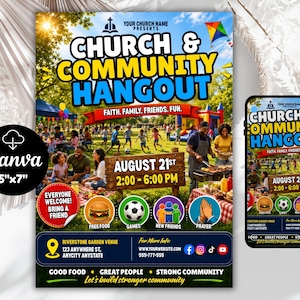 May include: A 5x7 inch flyer and smartphone display advertising a Church & Community Hangout on August 21st from 2:00 to 6:00 PM. The design features a park scene with people, a grill, and icons for food, games, friends, and prayer.