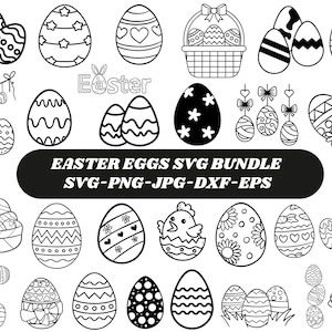 May include: Black and white Easter-themed SVG bundle featuring various egg designs, including patterned, floral, and heart-shaped eggs. The image also includes a basket of eggs, hanging egg decorations, and the word "Easter".