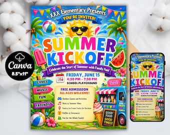 Summer Kickoff Flyer Template | Editable School Event Poster | PTA Summer Party Flyer | PTO End of School Event | Canva Template