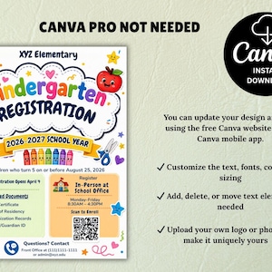 Pre-K Registration Flyer Template, Preschool Enrollment Poster, Daycare Open House Leaflet, Editable School Admission Flyer,Digital Download editable flyer,preschool enroll,pre k enrollment,pre k flyer,prek registration,canva school flyer,early learning,school printable,school template,preschool flyer,registration sign,enrollment poster,daycare flyer Kindergarten Enrollment Flyer: Editable School Template (CANVA Template). Meet the Teacher Kindergarten Enrollment Registration Flyer, Editable