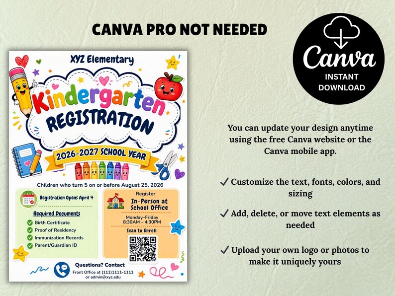 Pre-K Registration Flyer Template, Preschool Enrollment Poster, Daycare Open House Leaflet, Editable School Admission Flyer,Digital Download editable flyer,preschool enroll,pre k enrollment,pre k flyer,prek registration,canva school flyer,early learning,school printable,school template,preschool flyer,registration sign,enrollment poster,daycare flyer Kindergarten Enrollment Flyer: Editable School Template (CANVA Template). Meet the Teacher Kindergarten Enrollment Registration Flyer, Editable