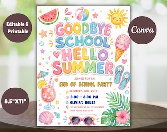 Summer Party Invitation Goodbye School Hello Summer Editable Kids Template