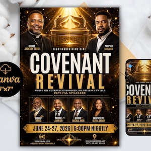 Pode incluir: Um modelo de folheto digital para um evento Covenant Revival em tons de dourado e preto. Exibe retratos de seis oradores, o texto Covenant Revival, as datas 24-27 de junho de 2026 e um ícone Canva de 5x7 polegadas. Inclui uma arca dourada.