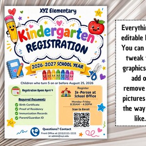 Pre-K Registration Flyer Template, Preschool Enrollment Poster, Daycare Open House Leaflet, Editable School Admission Flyer,Digital Download editable flyer,preschool enroll,pre k enrollment,pre k flyer,prek registration,canva school flyer,early learning,school printable,school template,preschool flyer,registration sign,enrollment poster,daycare flyer Kindergarten Enrollment Flyer: Editable School Template (CANVA Template). Meet the Teacher Kindergarten Enrollment Registration Flyer, Editable