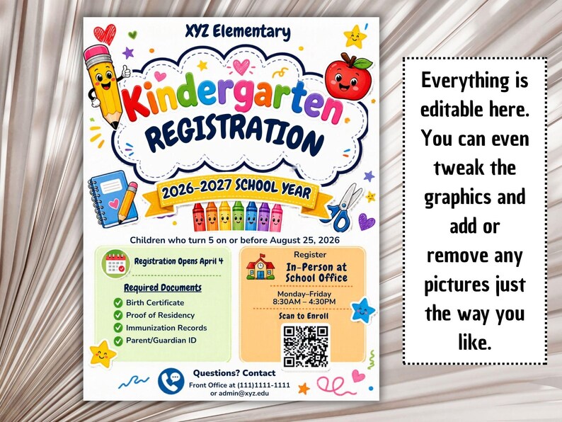 Pre-K Registration Flyer Template, Preschool Enrollment Poster, Daycare Open House Leaflet, Editable School Admission Flyer,Digital Download editable flyer,preschool enroll,pre k enrollment,pre k flyer,prek registration,canva school flyer,early learning,school printable,school template,preschool flyer,registration sign,enrollment poster,daycare flyer Kindergarten Enrollment Flyer: Editable School Template (CANVA Template). Meet the Teacher Kindergarten Enrollment Registration Flyer, Editable