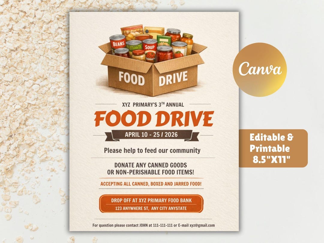 Food Drive Flyer, Canned Food Drive Flyer Template, Editable Fundraiser ...
