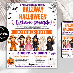 Puede incluir: Un folleto para el desfile de disfraces de Halloween de la escuela primaria XYZ el 30 de octubre de 3:00 PM a 5:00 PM. Incluye ilustraciones de niños disfrazados, una calabaza, un fantasma y texto detallando las pautas y actividades.