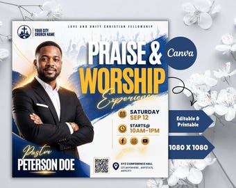 Editable Church Worship Flyer Template for Sunday Service, Gospel Events, Praise & Revival - Modern Canva Design