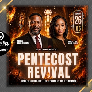 Op de afbeelding: Een promotionele afbeelding voor een Pinkster Revival-evenement. Het toont twee mensen, Pastor David Michael en Prophetess Mary James, met vurige achtergrondelementen. De tekst "Pentecost Revival" staat prominent weergegeven, samen met de datum, zondag 26 mei.