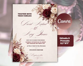 Burgundy Roses Wedding Invitation Template – Rustic Floral, Editable Canva (Digital Download)