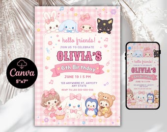 Birthday Invitation, Pink Cartoon Friends Theme, Editable Canva Template (Digital Download)
