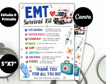 EMT Survival Kit Tag, National EMS Week Thank You Tag Printable, EMT Appreciation Favor, Emergency Medical Technician Gift, Edit With Canva