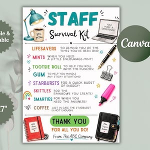 May include: A printable A5 "Staff Survival Kit" poster with a teal and white design. It includes illustrations of a coffee mug, laptop, pen, and various candies, with text like "Thank You for All You Do!"