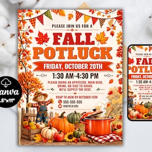 Editable Fall Potluck Flyer, Autumn Party Printable (Canva Template)