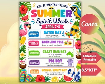 Summer Spirit Week Editable Flyer Template, Printable DIY Itinerary for School Events, PTO Summer Planner, Back to School Spirit Week Flyers