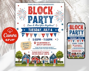 4th of July Block Party Flyer Editable Template, Patriotic Neighborhood BBQ Invite, Canva