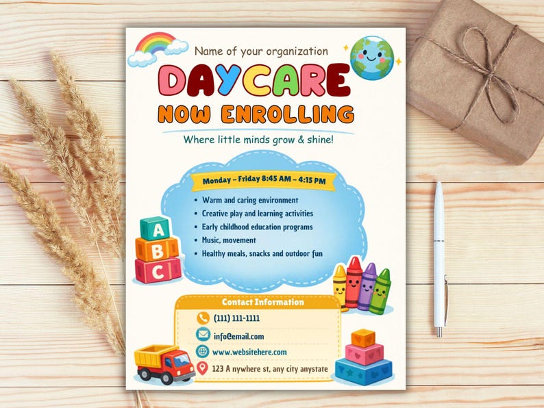 Colorful Daycare Flyer Canva Template Editable Preschool Marketing ...