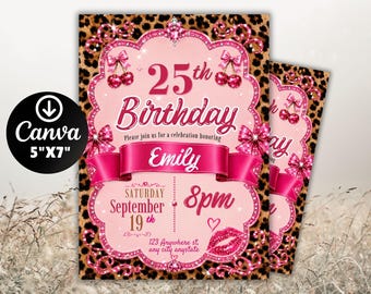 Cheetah Print Birthday Invitation, Cherry Theme | Leopard Party Invite | Editable Canva Template | Digital Download
