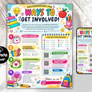 Pode incluir: Um folheto colorido intitulado XYZ Elementary PTO Ways to Get Involved, com ilustrações escolares como livros, uma lâmpada, uma maçã e uma mochila. Inclui datas de reuniões, informações de voluntariado, códigos QR e detalhes de contato.