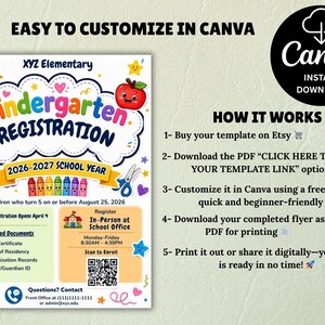 Pre-K Registration Flyer Template, Preschool Enrollment Poster, Daycare Open House Leaflet, Editable School Admission Flyer,Digital Download editable flyer,preschool enroll,pre k enrollment,pre k flyer,prek registration,canva school flyer,early learning,school printable,school template,preschool flyer,registration sign,enrollment poster,daycare flyer Kindergarten Enrollment Flyer: Editable School Template (CANVA Template). Meet the Teacher Kindergarten Enrollment Registration Flyer, Editable