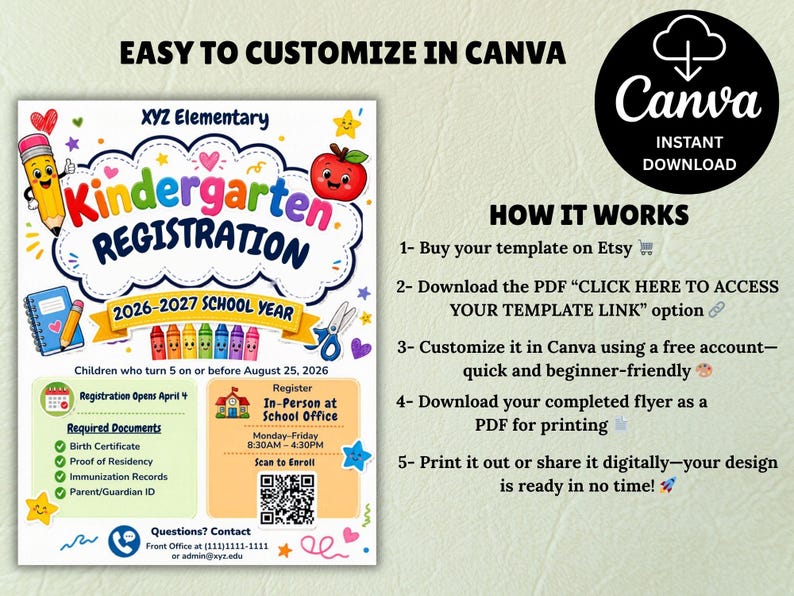 Pre-K Registration Flyer Template, Preschool Enrollment Poster, Daycare Open House Leaflet, Editable School Admission Flyer,Digital Download editable flyer,preschool enroll,pre k enrollment,pre k flyer,prek registration,canva school flyer,early learning,school printable,school template,preschool flyer,registration sign,enrollment poster,daycare flyer Kindergarten Enrollment Flyer: Editable School Template (CANVA Template). Meet the Teacher Kindergarten Enrollment Registration Flyer, Editable