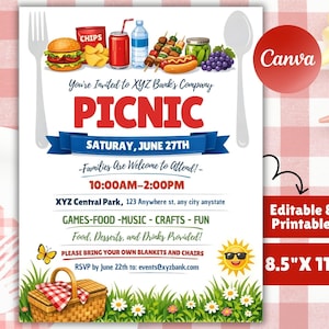 May include: A picnic invitation with a red and white checkered background. The invitation features illustrations of picnic food, including a burger, chips, and drinks. Text includes the date, time, and location of the picnic.