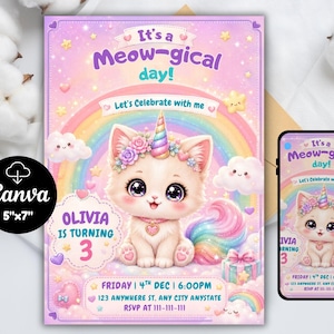 May include: A colourful invitation card featuring a unicorn cat illustration. The card measures 12.7cm x 17.8cm and has the text "It's a Meow-gical day!" and "Let's Celebrate with me". The invitation includes the name "Olivia" and the age "3".