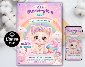 Caticorn Birthday Invitation | Rainbow Unicorn Cat Party (Editable Canva Template, Digital Download)