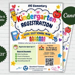 Pre-K Registration Flyer Template, Preschool Enrollment Poster, Daycare Open House Leaflet, Editable School Admission Flyer,Digital Download editable flyer,preschool enroll,pre k enrollment,pre k flyer,prek registration,canva school flyer,early learning,school printable,school template,preschool flyer,registration sign,enrollment poster,daycare flyer Kindergarten Enrollment Flyer: Editable School Template (CANVA Template). Meet the Teacher Kindergarten Enrollment Registration Flyer, Editable