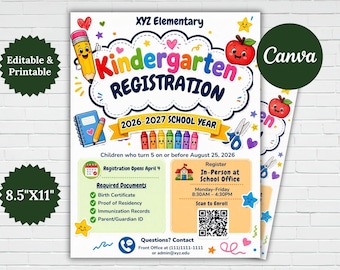 Kindergarten Registration Flyer Template | Editable School Enrollment Poster | 2026–2027 Canva | QR Code Included | Instant Download