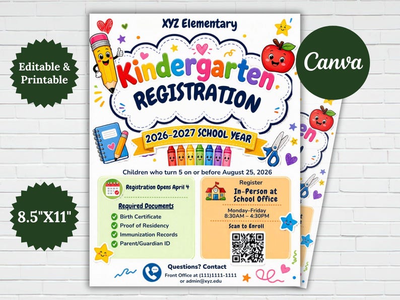 Pre-K Registration Flyer Template, Preschool Enrollment Poster, Daycare Open House Leaflet, Editable School Admission Flyer,Digital Download editable flyer,preschool enroll,pre k enrollment,pre k flyer,prek registration,canva school flyer,early learning,school printable,school template,preschool flyer,registration sign,enrollment poster,daycare flyer Kindergarten Enrollment Flyer: Editable School Template (CANVA Template). Meet the Teacher Kindergarten Enrollment Registration Flyer, Editable