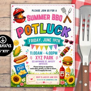 May include: A colorful 8.5" x 11" invitation for a summer BBQ potluck. The design features a red grill, food illustrations, and the text "Summer BBQ Potluck" with event details. Includes a Canva logo.