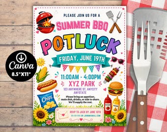 Summer BBQ Potluck Flyer Editable Template, Community BBQ Cookout Invite, Canva